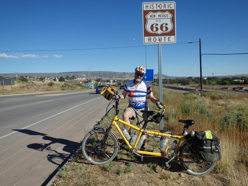 GDMBR: Dennis Struck and the Bee are in front of the Historic Route 66 marker.